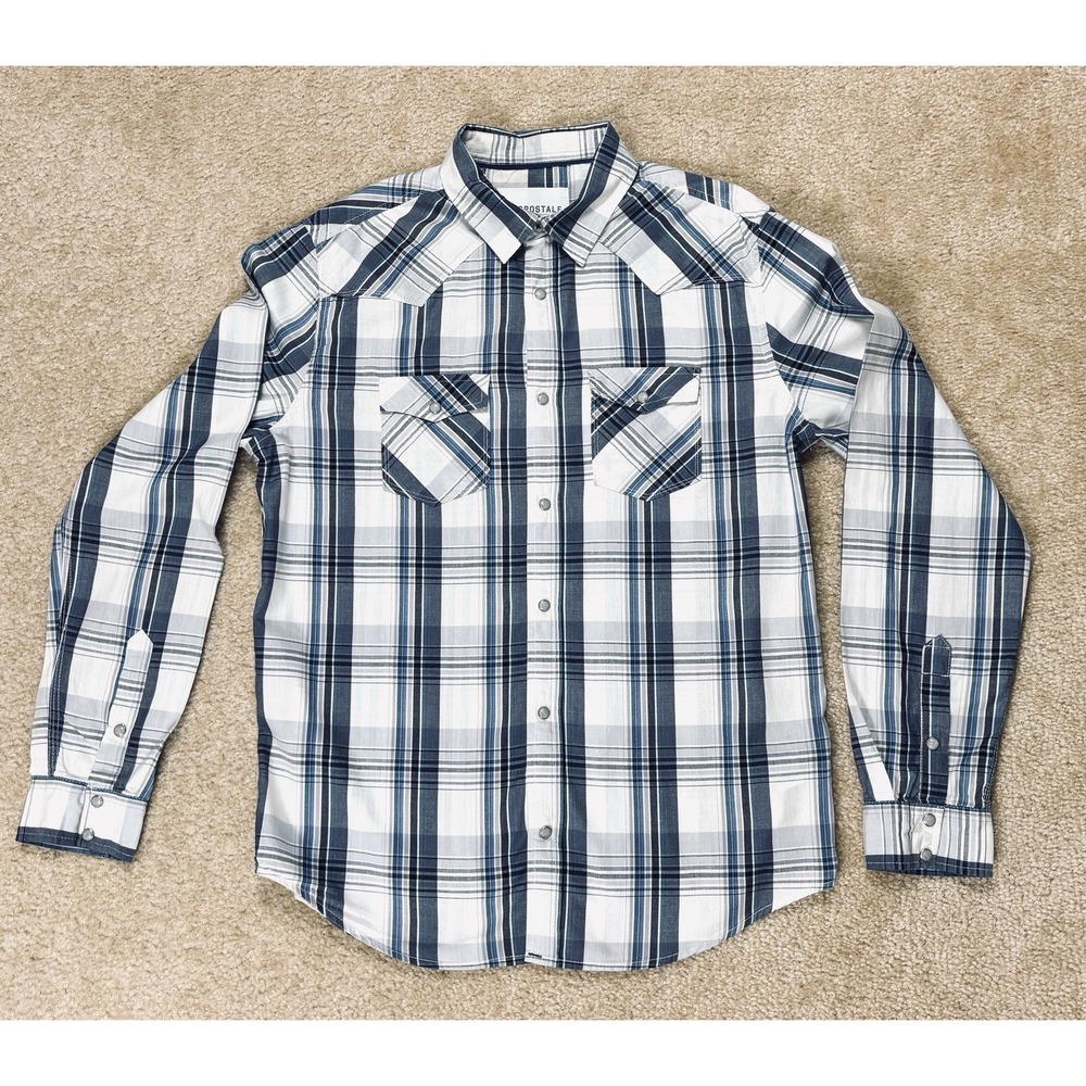 Aeropostale Western Snap Long Sleeve Blue Plaid Button Up Shirt Mens Medium